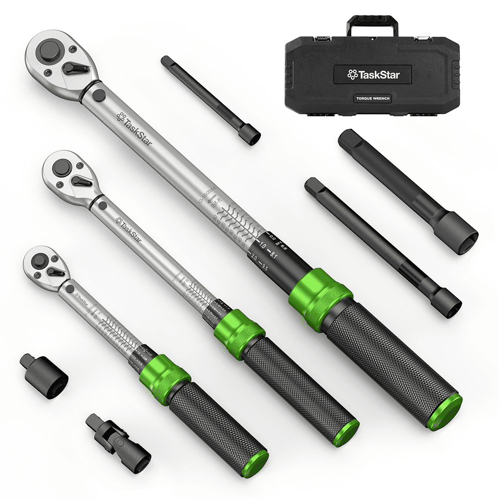 TaskStar 1/4 3/8 1/2-inch Drive Click Torque Wrench Set, Precision Torque Tool 45-221in.lb, 7-45ft.lb, 30-160ft.lb with Adapters, 72-Tooth Dual Scale