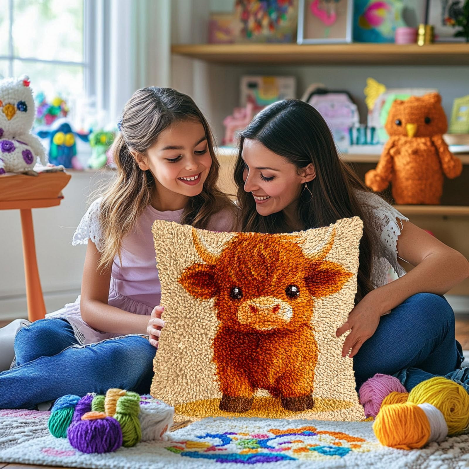 Latch Hook Pillow Kits for Adults Cute Baby Highland Cow DIY Pillow Cover Printed Pillowcase Crochet Hooking Yarns Handmade Cushion for Home Sofa Decoration 17x17inch(8)