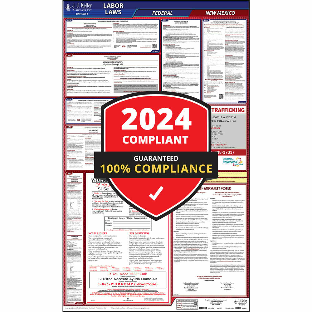 2024 New Mexico Labor Law Poster, All-in-One Compliant NM State & Federal Laminated Poster (24" x 40" English)