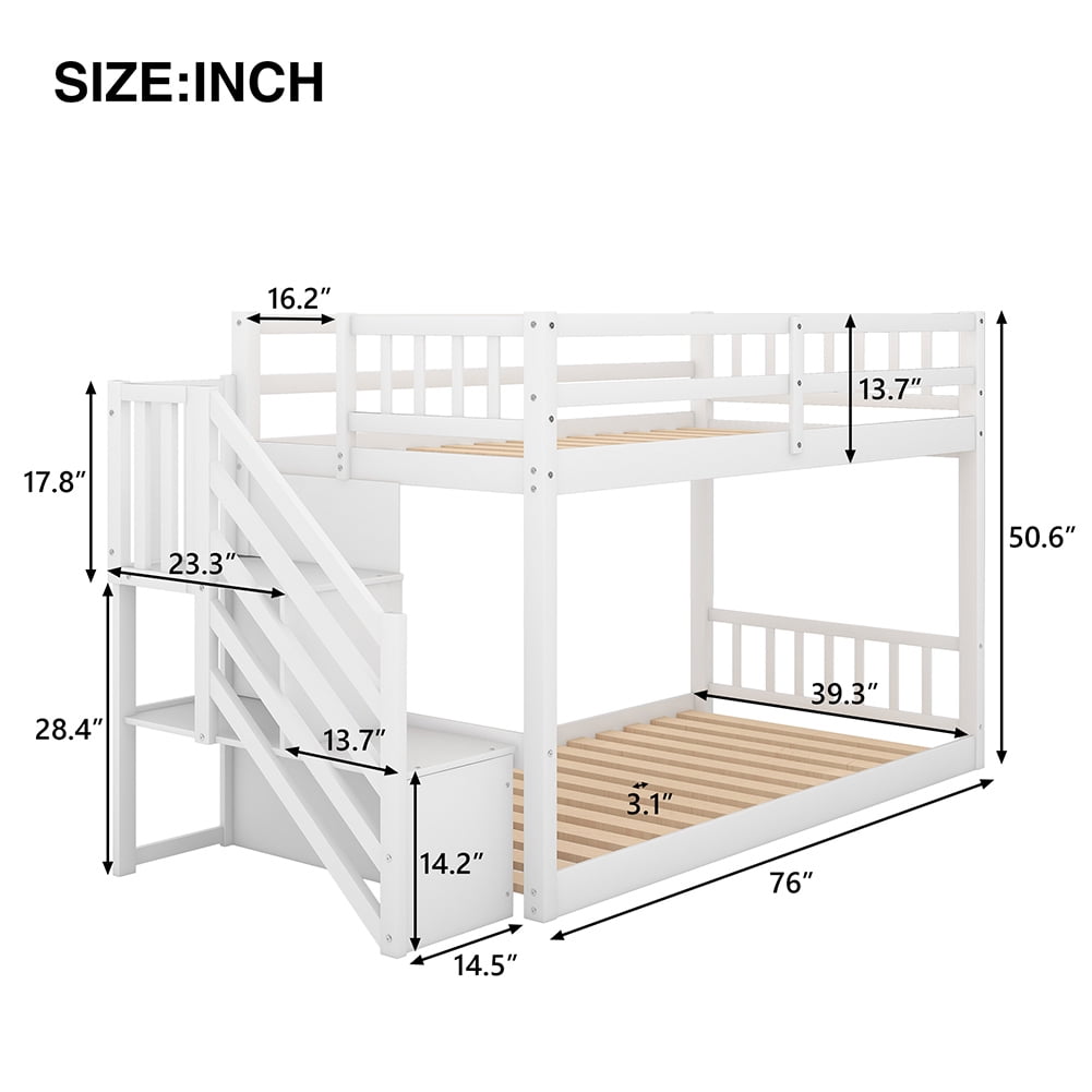 Kadyn Twin over Twin Floor Bunk Bed, Small Space Kids Bed with Storage Stairs, White