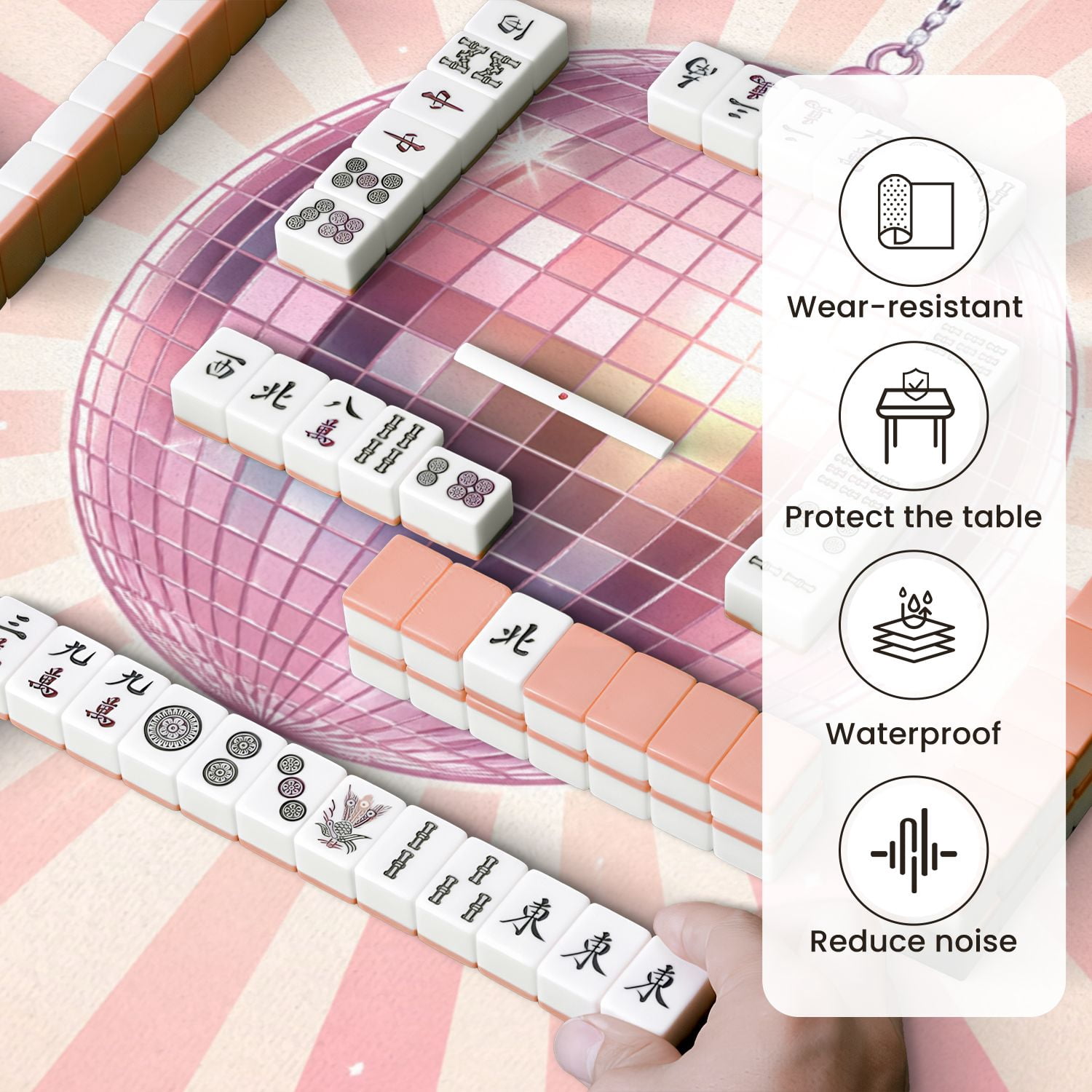 Mahjong Mat 31.5" x 31.5" Pink Sparkling Disco Ball Retro Sunburst Non-Slip Noise Reduction Mahjong Tiles Table Cover for Dominoes Poker Card Board and Tile Games