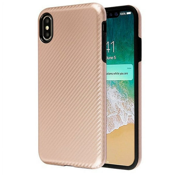 Apple iPhone Xs Max (6.5 inch) - Phone Case Protective Shockproof Hybrid Rubber Rugged Cover with Textured Carbon Fiber Design ROSE GOLD Slim Phone Case for Apple iPhone Xs Max