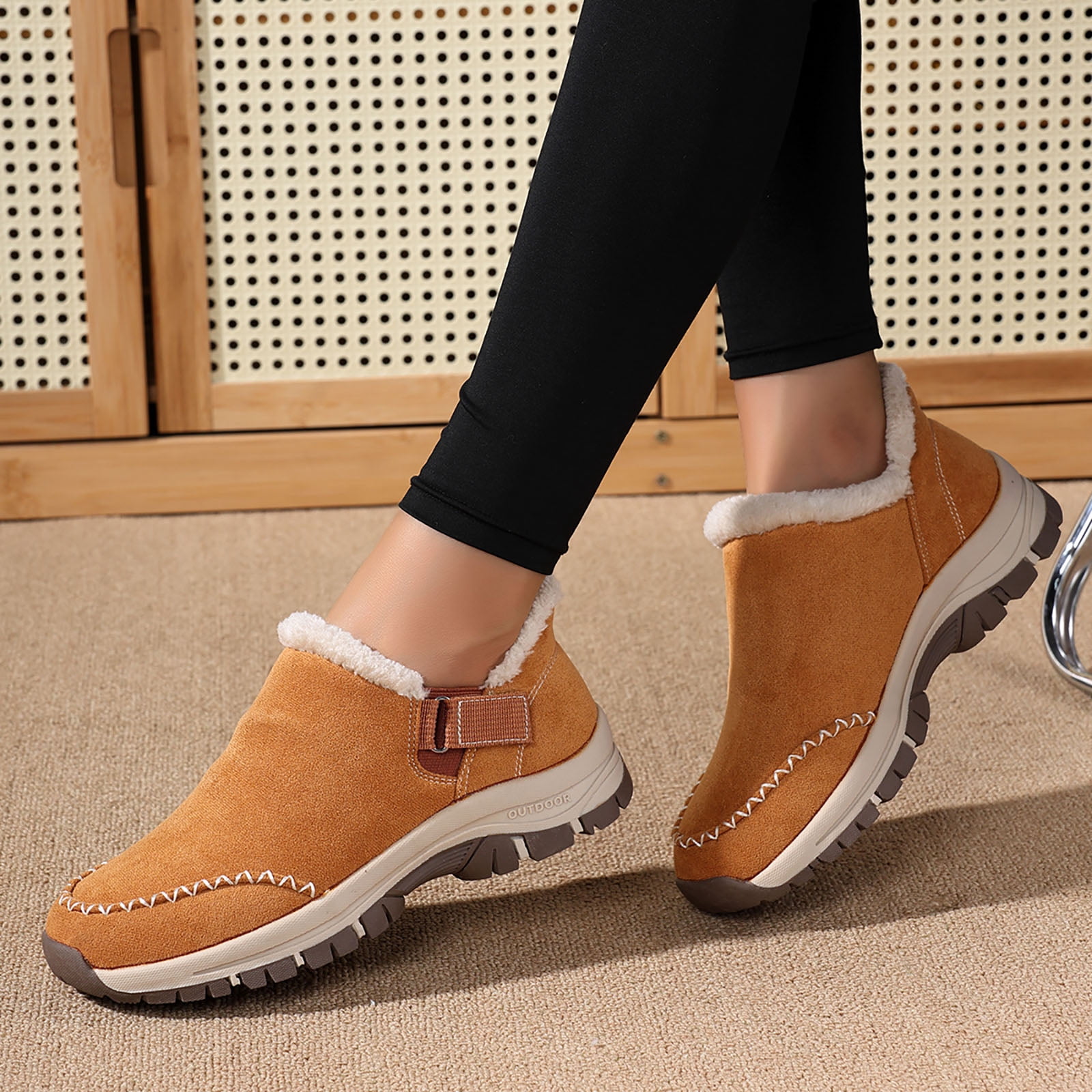 Dakaela Womens Winter Snow Boots Fleece Lined Hiking Slip on Loafers Sneakers Outdoor Plush Short Booties Shoes Brown 6.5