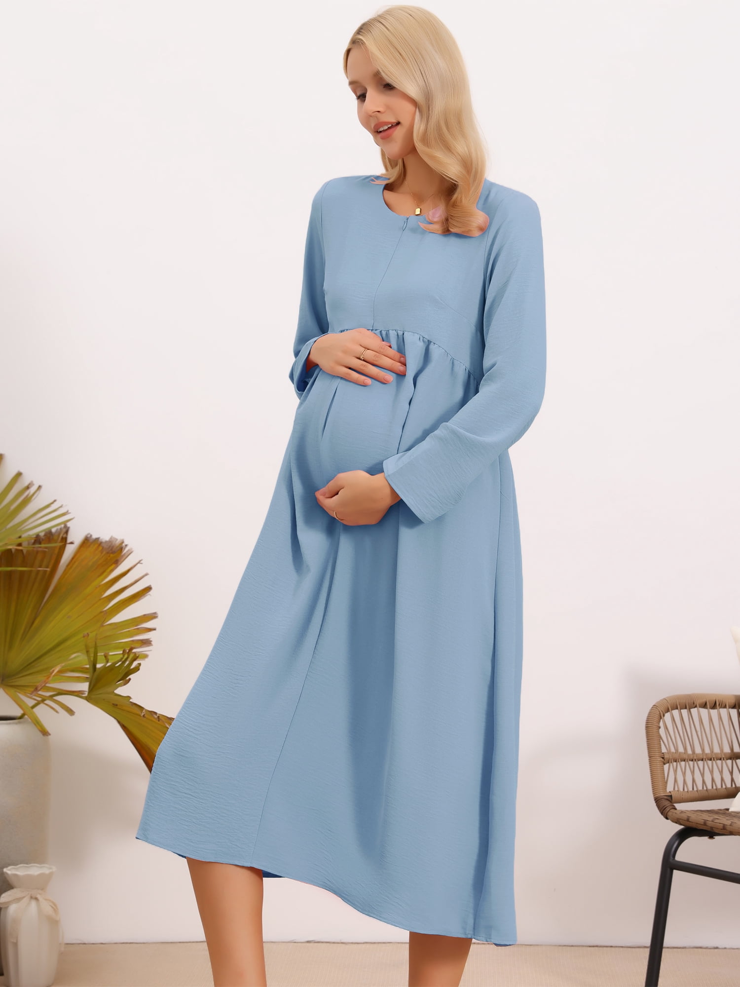 DARING DIVA Women's Maternity Nursing Dress Long Sleeve Midi Round Neck Pleated M Blue