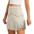 thumbnail image 2 of LWavelet Faux Suede Fringe Studded Mini Skirt Women Western Style Fall Casual Trendy Bottoms White L, 2 of 5