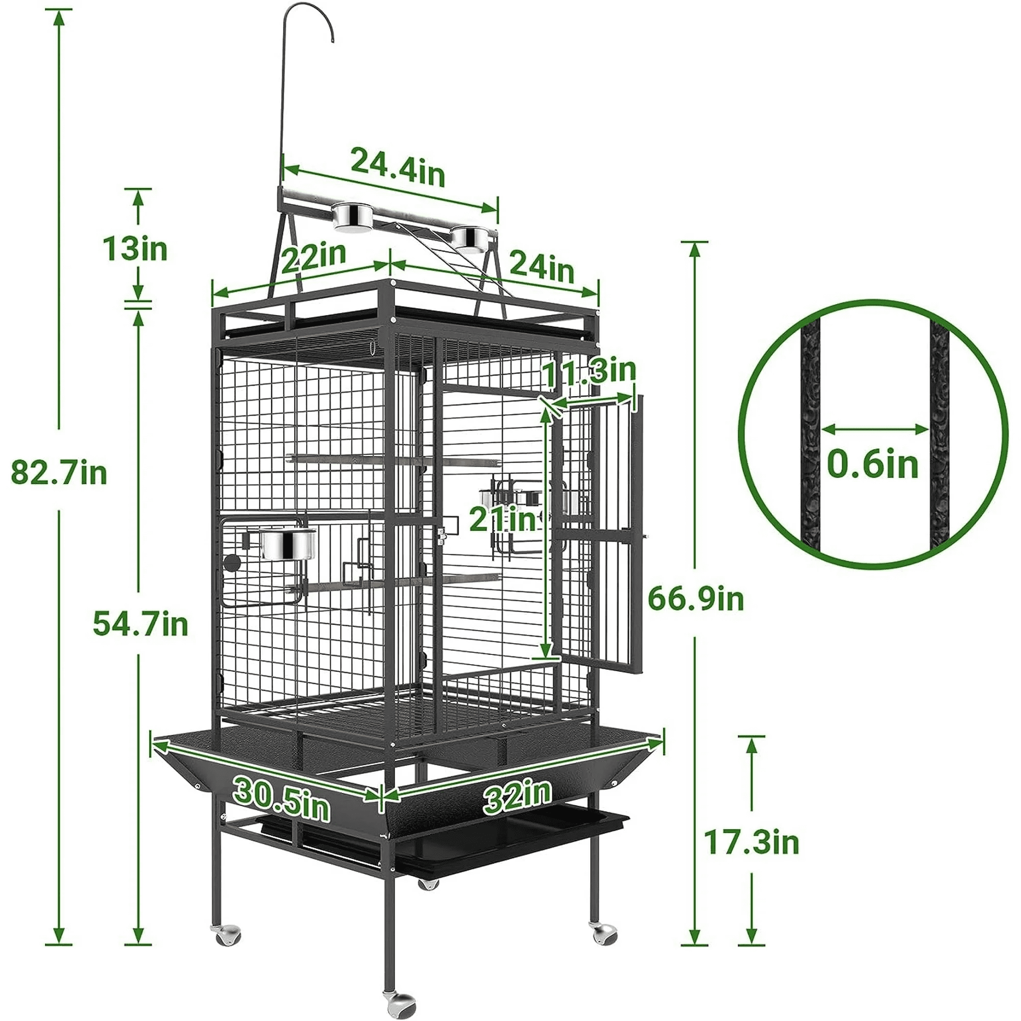 HAUXITIO 82" Rolling Metal Bird Cage,Large Parrot Cage with Play Top for Pet Birds,Black