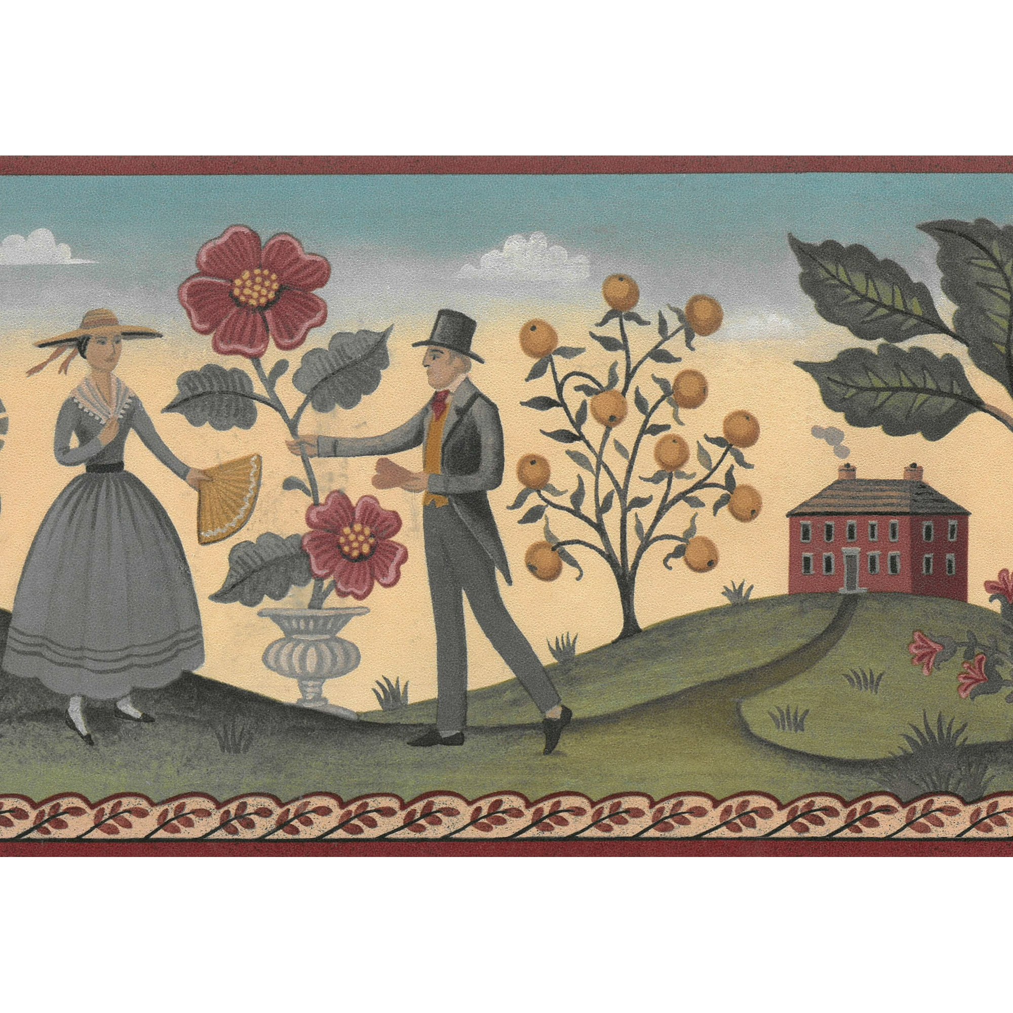 Prepasted Wallpaper Border - Country Green, Beige, Brown, Maroon Village Wall Border Retro Design, 15 ft x 7 in ( x ) | Walmart Canada Prepasted Wallpaper Border - Country Green, Beige, Brown, Maroon Village Wall Border Retro Design, 15 ft x 7 in ( x ) | Walmart Canada