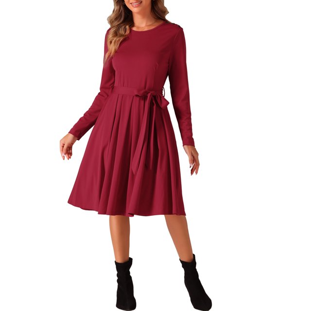 Vestido de longitud a la rodilla INSPIRE CHIC para mujeres, con volantes, corte A, cinturón en la cintura, cuello redondo, vestidos casuales de manga larga