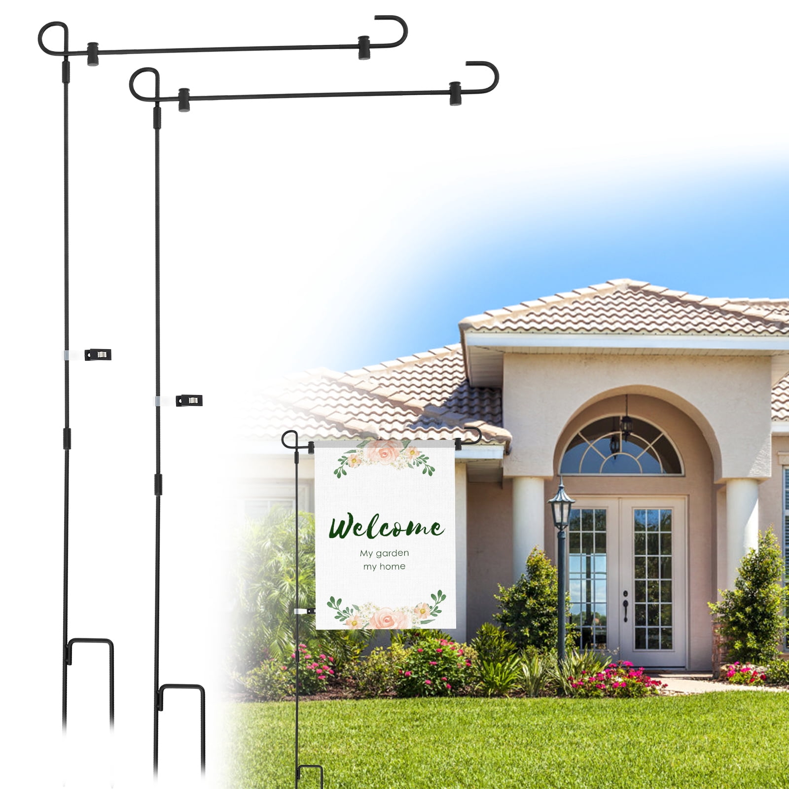 Ikoopy Garden Flag Holder Stand 8 Pack 34 Inch Wrought Iron Flag Poles for 13-Inch Flags Rust Resistant with Anti Wind Clips for Yard Lawn and Seasonal Decor