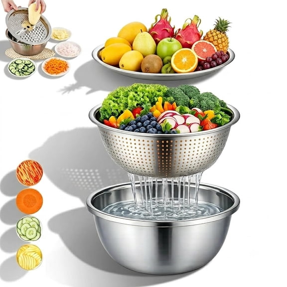 German Quality 3-in-1 Stainless Steel Grater Bowl, Dishwasher Cutting Shredding Steel Bowl with Drain Basket, Multifunctional Grater Strainer Vegetable Cutter