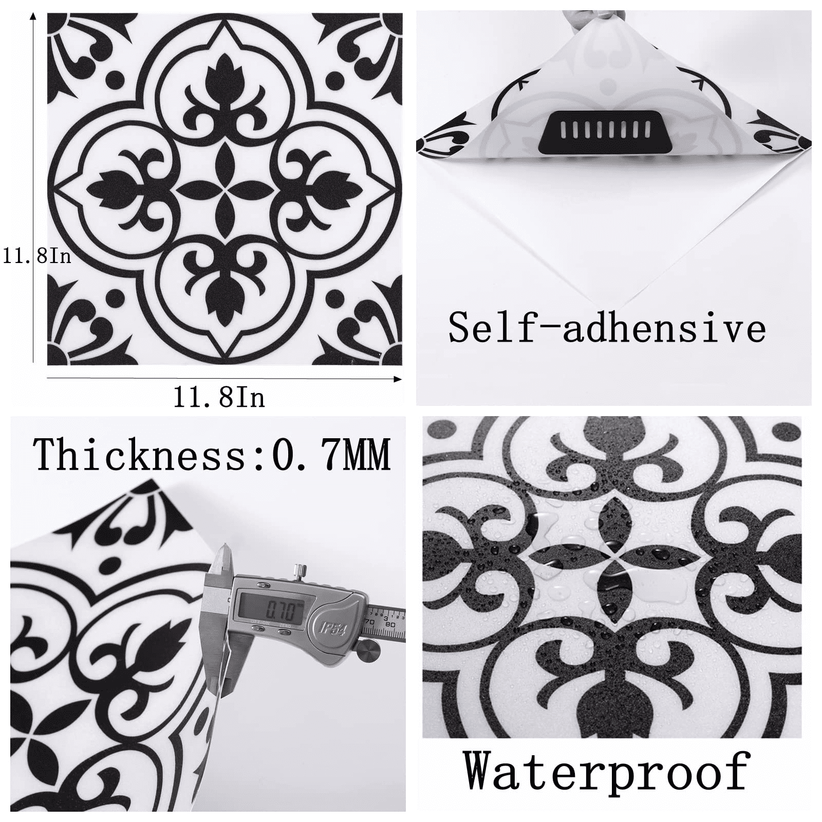 (3 pack) Abyssaly Peel and Stick Floor Tile 11.8" x 11.8" 10 Pcs Black and White Flower Floor Vinyl Flooring Waterproof DIY Flooring for Bathroom, Kitchen, Bedroom, Living Room