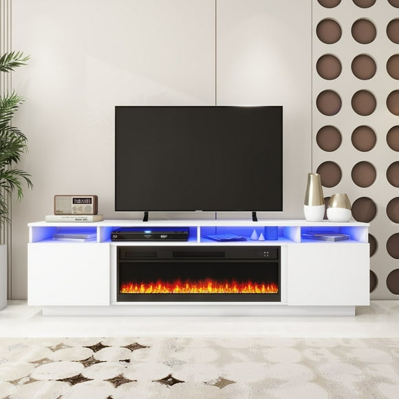 LED TV Stand with Fireplace - Entertainment Unit Glossy White - Modern Style Tv Unit With Led Light Tv Table - For TVs up to 85 inch