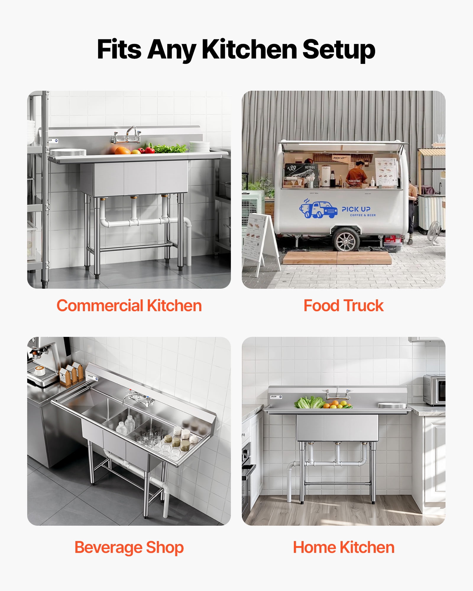 VEVOR 3 Compartment Sink, 18-Gauge 304 Stainless Steel, 10" x 14" x 10" Bowl Size, 3 Bay Commercial Kitchen Prep & Utility Sink with 2 Drainboards and Backsplash for Restaurant, Food Truck & Home Use