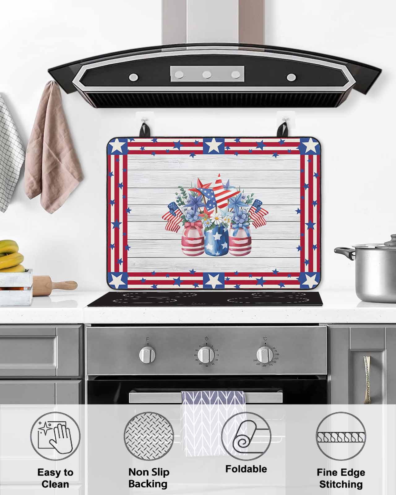 Large Induction Cooktop Protector Mat 4th of July Stove Top Covers for Electric Stove, Red Blue Patriotic Flowers Star Stripes Wooden Decorative Stove Burner Cover Mats, Glass Top Stove Cover