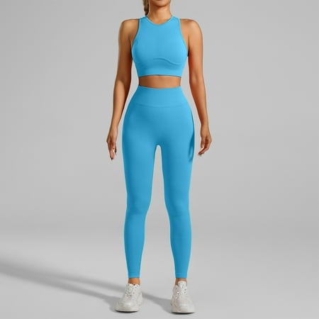 XDDLITP Womens Workout Sets 2 Piece Racerback Sports Bra Crop Tank Top with High Waist Leggings Sets Gym Work Out Outfits Clothes Blue M