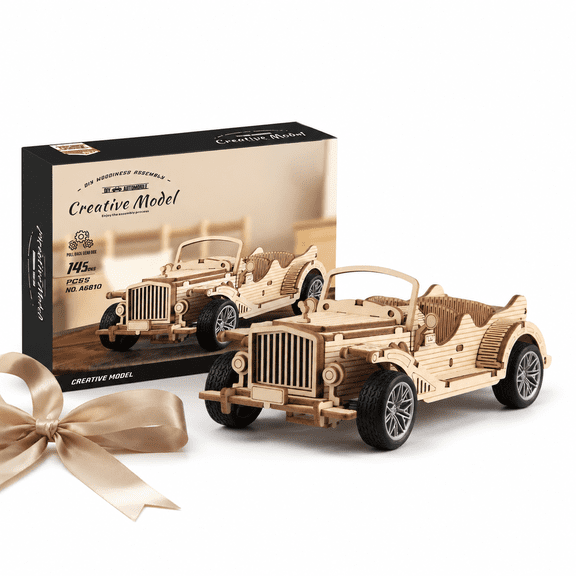 3D Wooden Puzzles Vintage Car Model for Adults, 65pcs Pull Back Toys Car Building Kits for Adults to Build, Desk Decor/DIY Hobbies/Gifts for Boys and Men