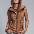 thumbnail image 4 of Women's Vintage Washed Brown Hooded Vest Sleeveless Distressed Utility Outerwear Adjustable Drawstrings Zipper Pockets Bohemian Retro Layering Jacket, 4 of 5