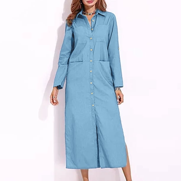 Vestido de mezclilla con solapa para mujer elegante vestido con abertura lateral cárdigan de color sólido vestido camisero