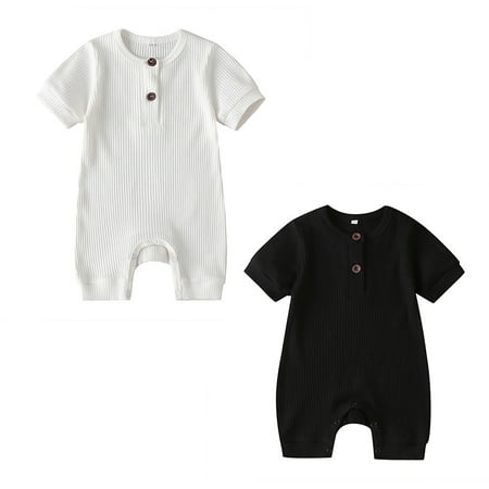 

Newborn Baby Boy Girl Short Sleeve Jumpsuit Solid Color Knit Ribbed One Piece Romper Cotton Outfits