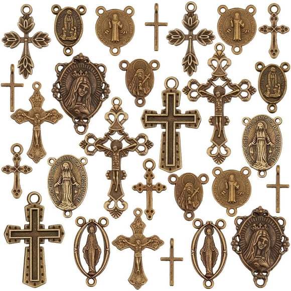 90 colgantes tibetanos de 15 estilos con crucifijo, conectores de bronce, cuentas ovaladas.