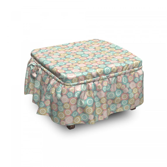 Pastel Ottoman Cover, Retro Soft Meadow Poppies, 2 Piece Slipcover Set with Ruffle Skirt for Square Round Cube Footstool Decorative Home Accent, Standard Size, Mint Green Coral Rose, by Ambesonne