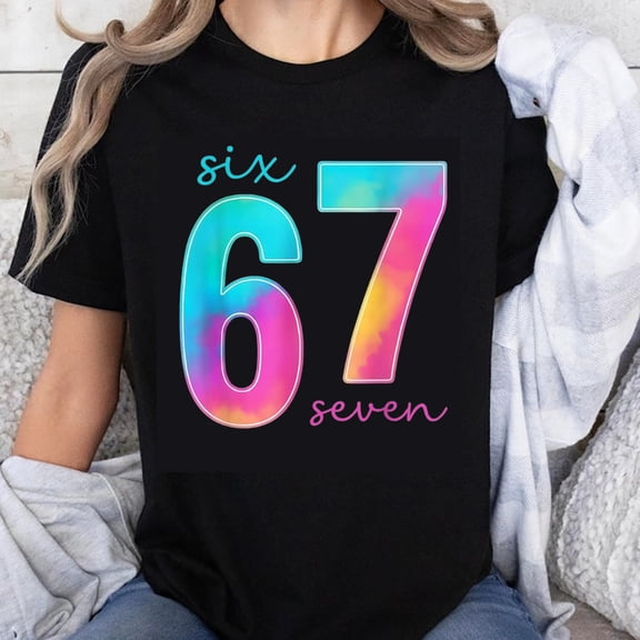 100% Cotton Six 67 Seven Rainbow Colorful Number Design Women's Casual Fashion T-Shirt