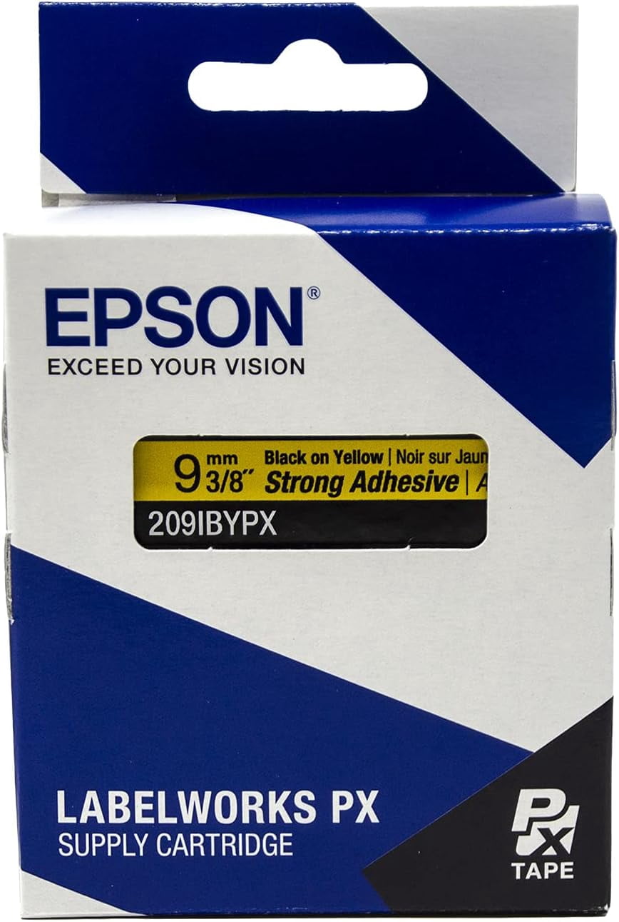Epson LABELWORKS 209IBYPX - Black on Yellow PET Label Maker Tape, Strong Adhesive - 3/8" (9MM) Wide, 30'