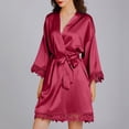 thumbnail image 4 of QUYUON Womens Silk Satin Robe Pajamas Short Nightgown Lingerie for Women Kimono Bathrobe Short Ruffle Belted Robes Bridesmaids Sleepwear 3/4 Sleeve V-Neck Satin Soft Robes Red-A L, 4 of 8