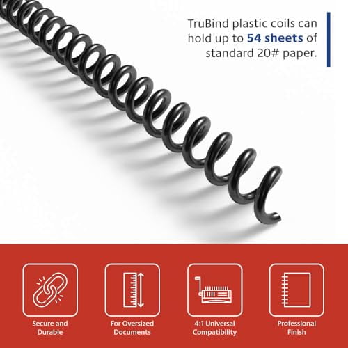 TruBind 8mm (5/16 in.) Spiral Binding Coils for Reports, Presentations and Proposals | 4:1 Pitch | 36 in. Length | Black | 54 Sheets Binding Capacity | 100 Pack