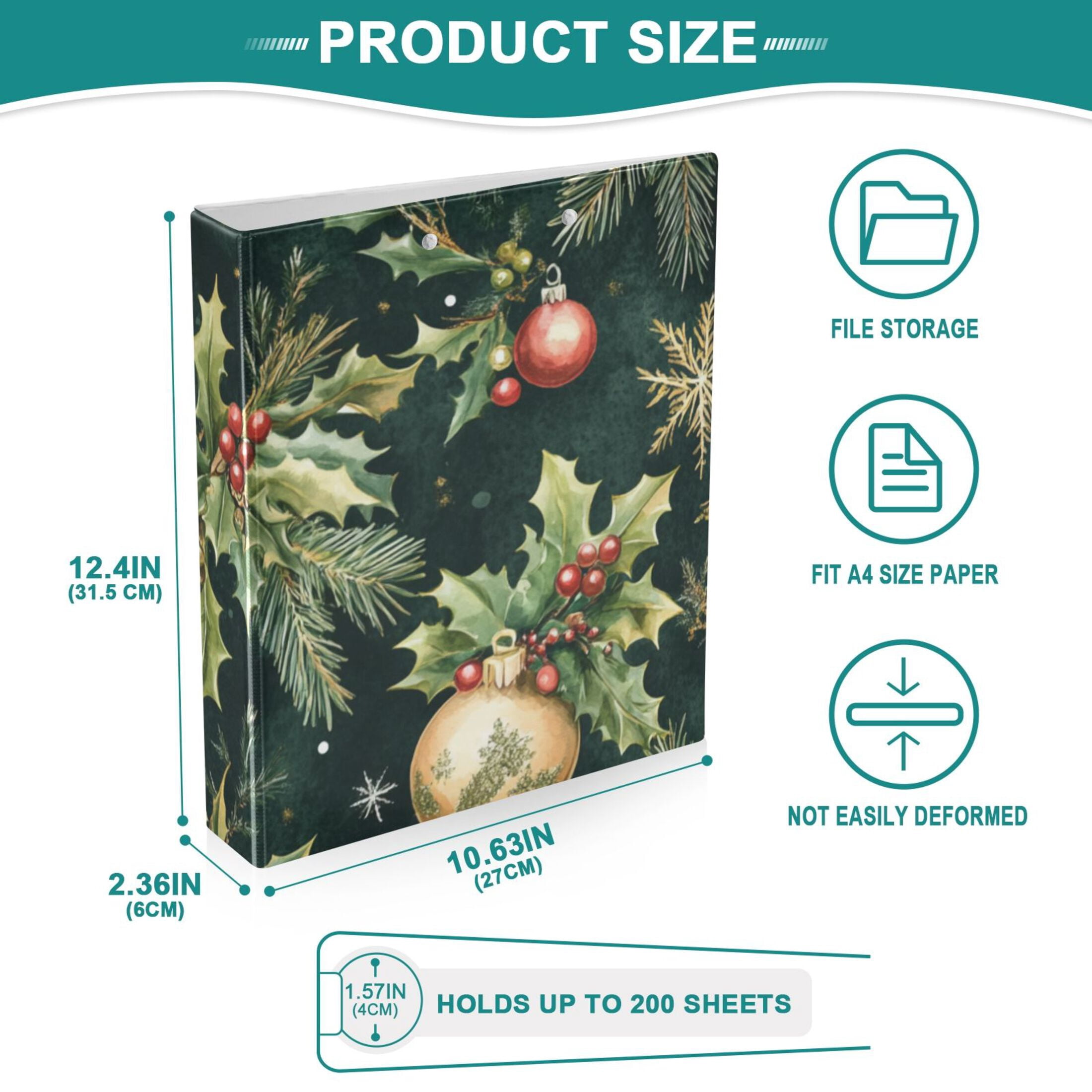 Christmas Green and Gold 3 Ring Binders 1.5 inch Hardcover File Folders with Interior Pockets A4 Size Organizer for School Office Hospital