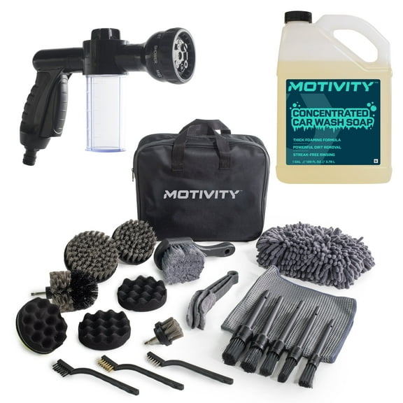 MOTIVITY Essential Foam Wash and Detail Kit  Includes Concentrated Car Wash Soap, Foaming Spray Nozzle, and 21-Piece Car Detailing Brush Set
