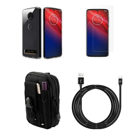 Bemz TPU Armor Cover Compatible with Moto Z4 Case (Transparent Clear) Bundle with Screen Protector Tempered Glass, Tactical Travel Pouch, Nylon Braided USB Type-C Charger Cable (10