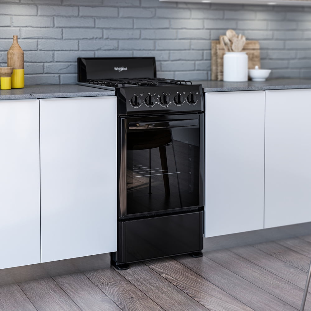 LWW1002B Whirlpool 20" 2.6 Cu ft Gas Range in Black, assembled dimensions 25.9"depth , 38.1" in height, and 20" in width