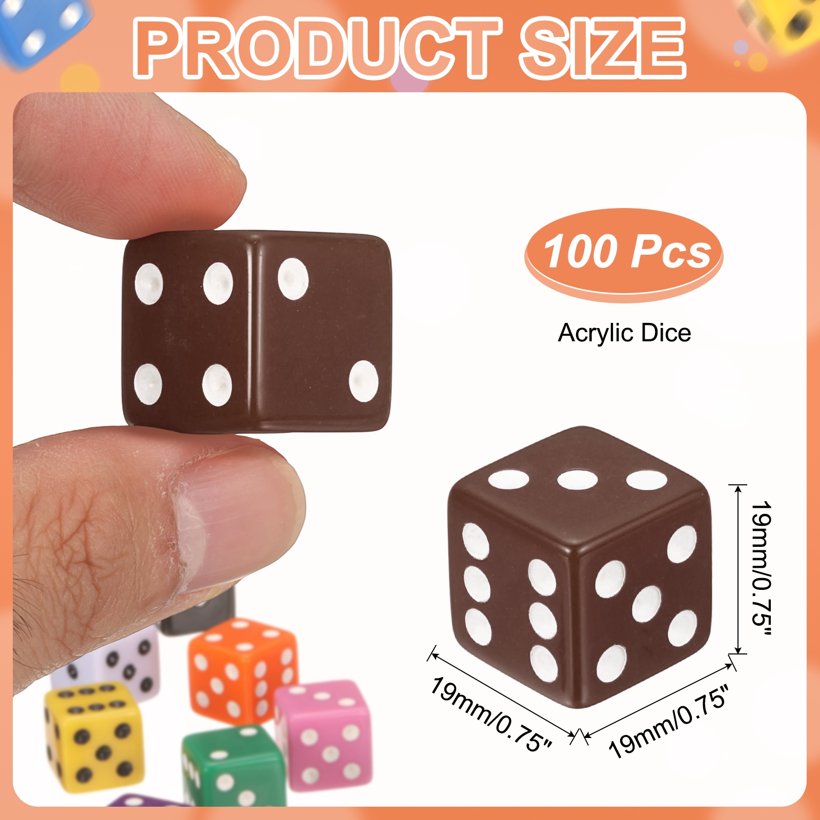 100Pack 6 Sided Acrylic Dice, 19mm/0.75" Large D6 Opaque Game Dice Bulk for Table Board Games Birthday Theme Party Fun Supply, Brown