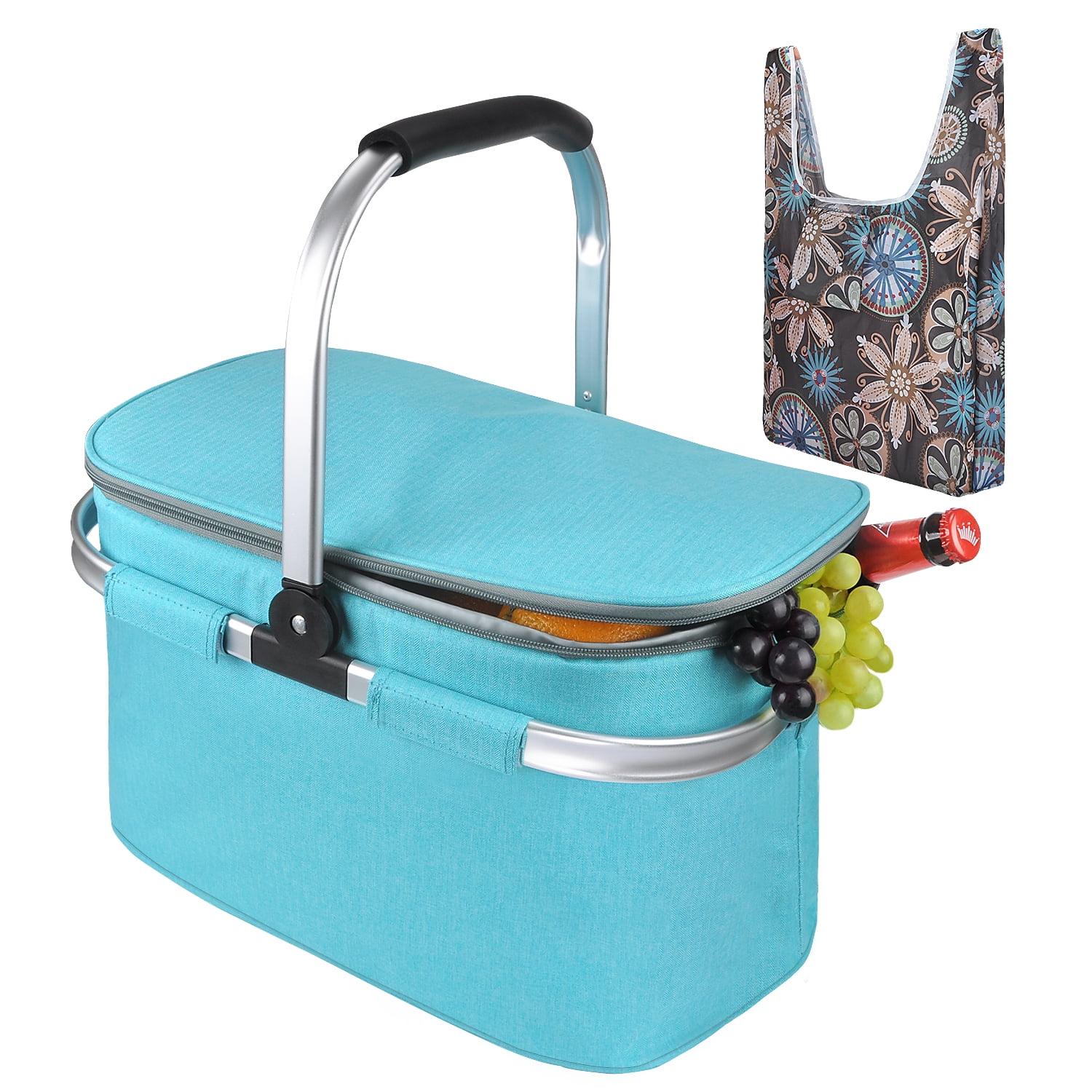 Tirrinia Large Insulated Picnic Basket & Foldable Grocery Bag, 28L Leakproof Collapsible
