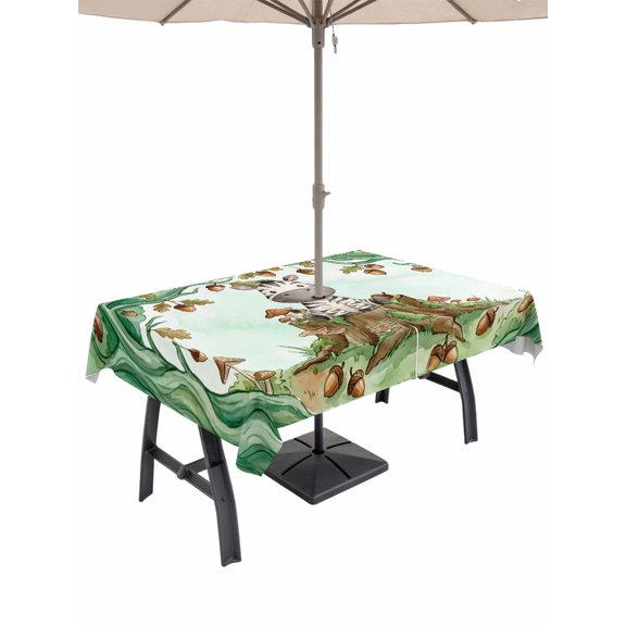 Outdoor Tablecloth with Umbrella Hole for Patio/Picnic/Party/Camping, Cute Zebra Forest Waterproof Table Cloth Rectangle Table Cover Washable, Green Trees Cone Leaves Mushroom (60"x 120")