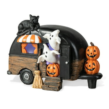 Glitzhome 9.25''L Halloween Polyresin Lighted Camper W/Ghost& Pumpkin&Black Cat Table Decor