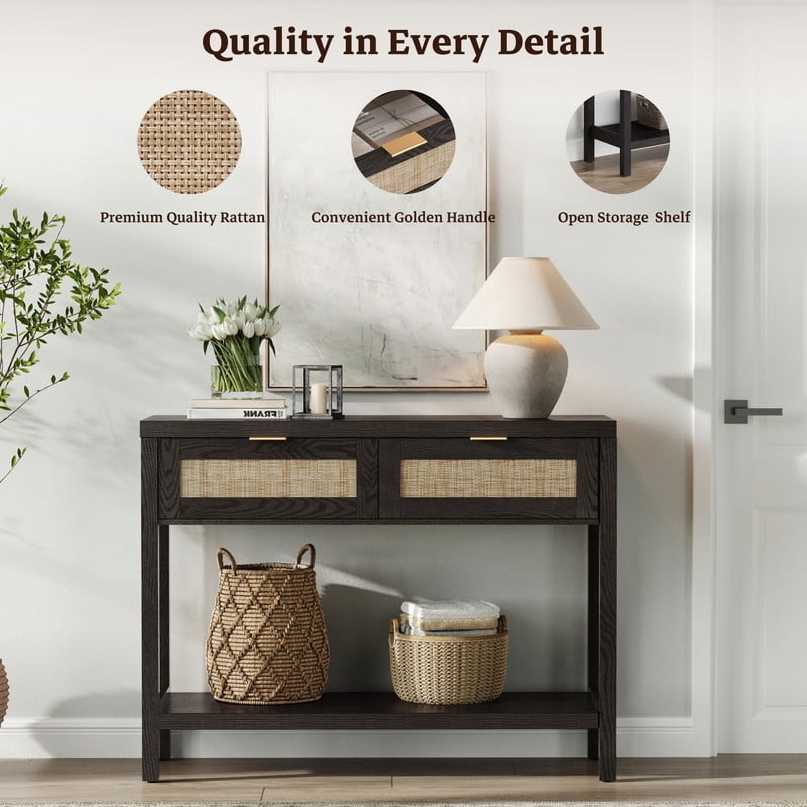 Surmoby Console Table with 2 Rattan Drawers,Boho Wood Entryway Table Hallway Table Sofa Table with Open Storage Shelf for Living Room,Foyer and Corridor,Black Oak