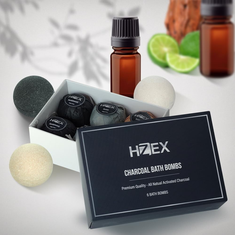 Bath Bombs, HZEX Luxury Charcoal 6 Large Natural Bathbomb Fizzes for Men Women, Organic Bath Bomb with Essential Oils and Shea Butter, Stress Relief and Relaxation, Detox with Charcoal Bathbombs