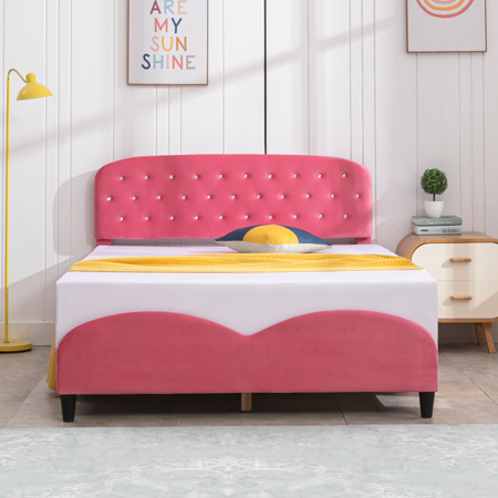 MUZZ Kids Twin Size Bed Frame with Headboard  Velvet Upholstered Platform Bed with Slatted Bed Base  No Box Spring Needed  Pink Princess Wooden Bed for Girls( Twin  Diamonds )