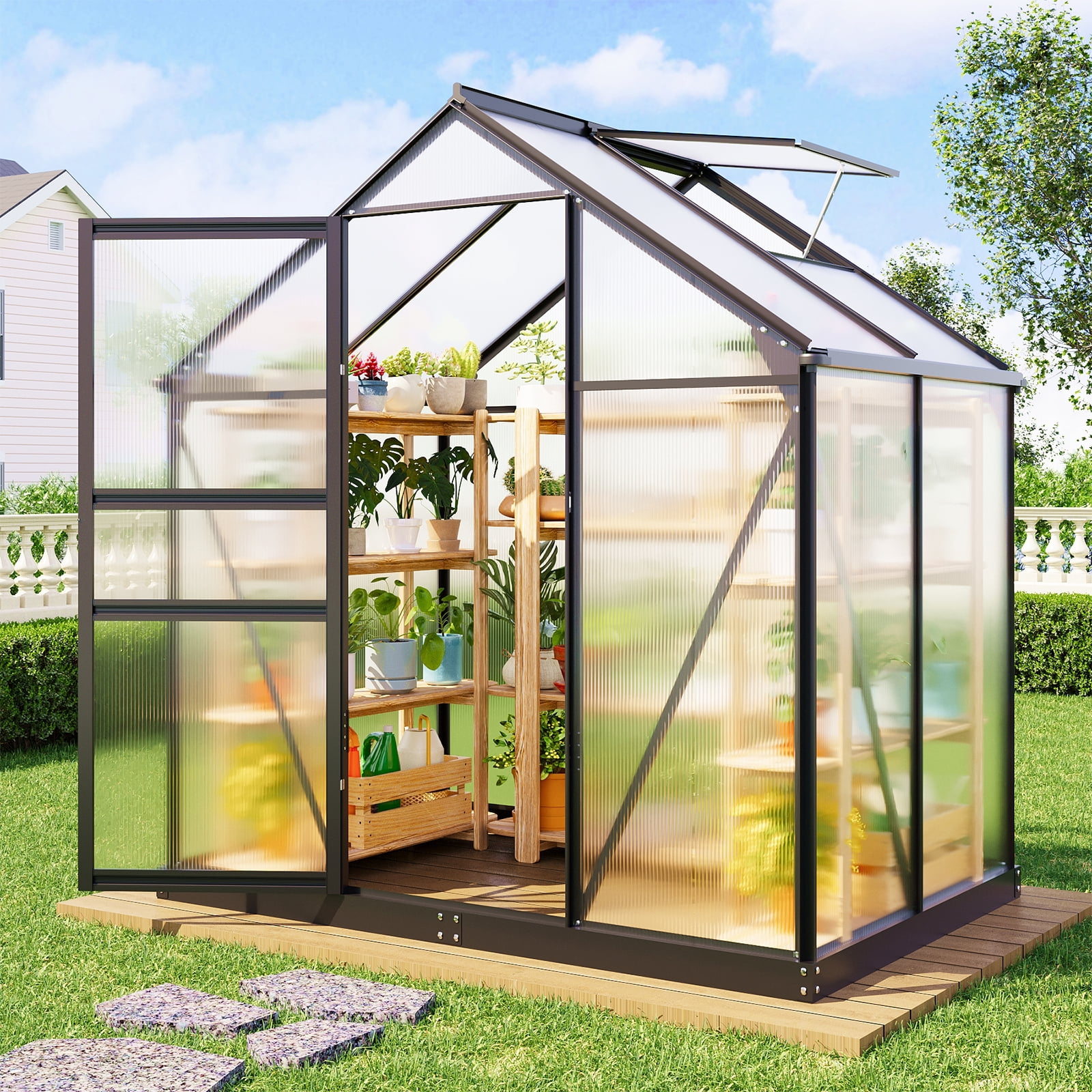 Fairy 6x4 FT Walk-in Greenhouse, Aluminum Frame Outdoor Green House with Polycarbonate Panels & Roof Vent for Backyard Gardening
