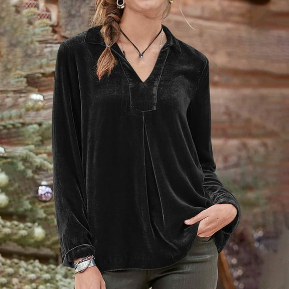 AXXD Black Basic Work Tops for Women Summer 2024 Trendy Casual Long Sleeve Turndown Collar Loose Shirt Blouse Tops