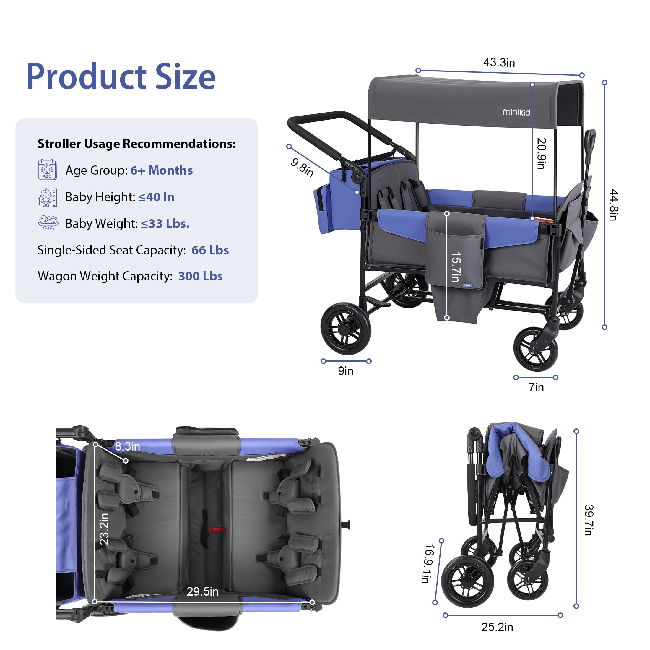Minikid Baby Stroller Wagon for 4 Kids,Multifunctional Wagon with Detachable Canopy,Adjustable Handlebars,Easy Storage,Dark Grey