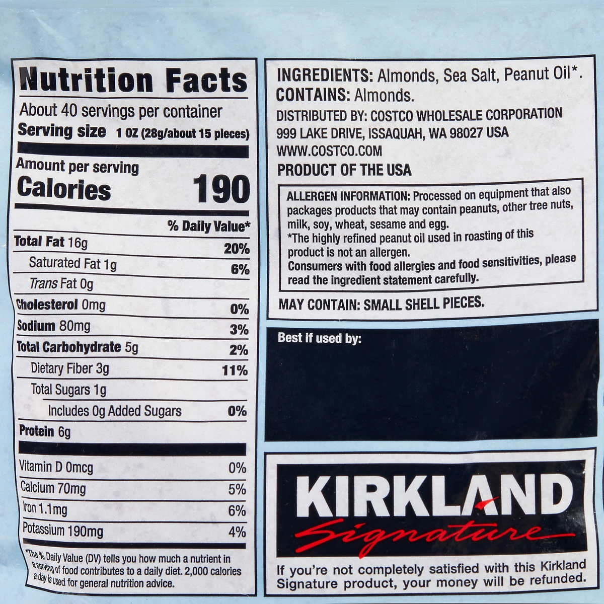 Kirkland Signature Roasted Almonds Sea Salt 2.5 Pounds