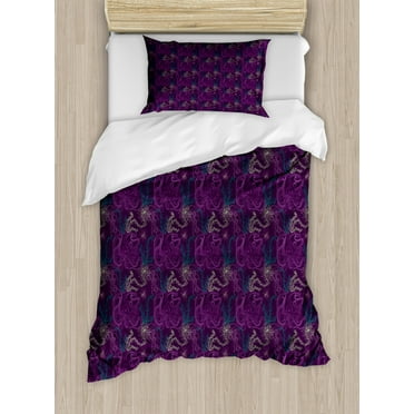 Octopus Twin Size Duvet Cover Set, Art Pattern with Octopus Jellyfish Marine Plants and Seaweed, Decorative 2 Piece Bedding Set with 1 Pillow Sham, Dark Purple Turquoise Pale Green, by Ambesonne