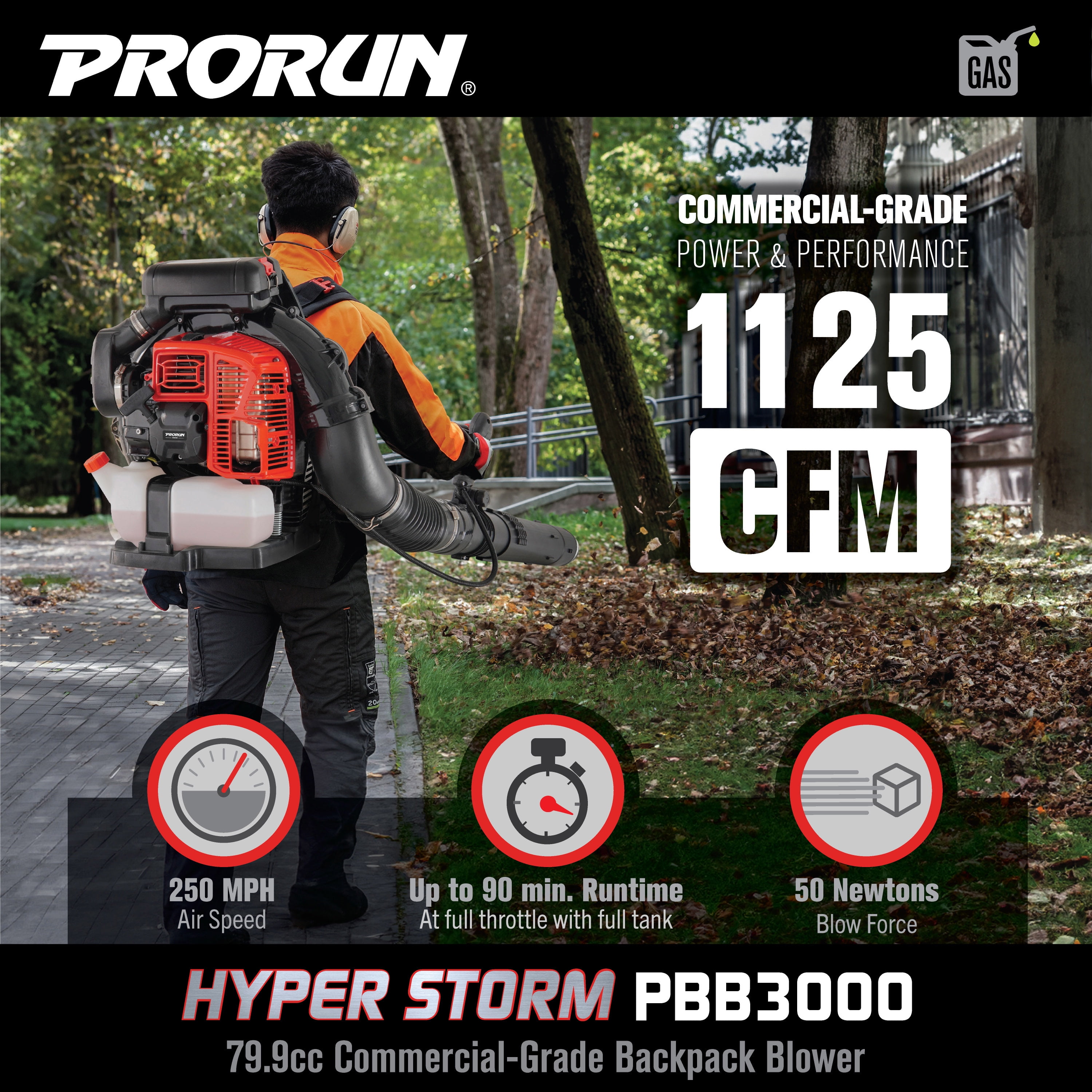 PRORUN PBB3000 Gas Backpack Leaf Blower, 79.9cc Commercial-Grade, 250 MPH, 1125 CFM