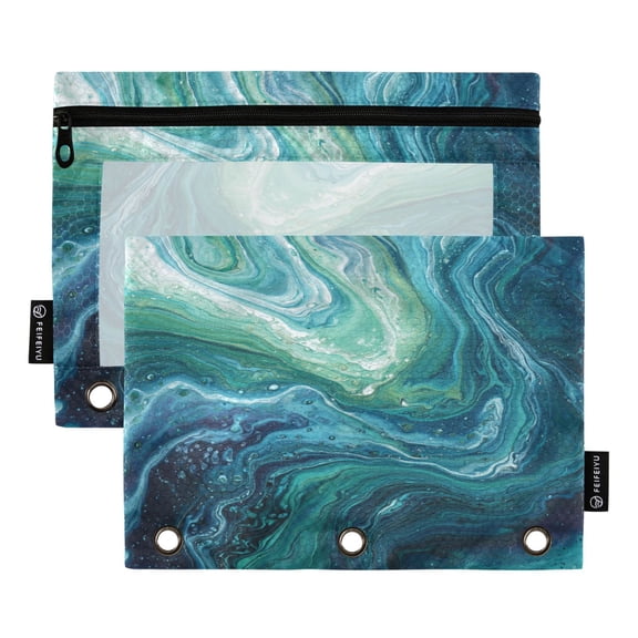 2 Pack 3 Ring Binder Pouch with Clear PVC Window Water Resistant Zipper Pencil Pouch Dark Blue Fluid Binder Pocket for Classroom Office Home Stationery Organization