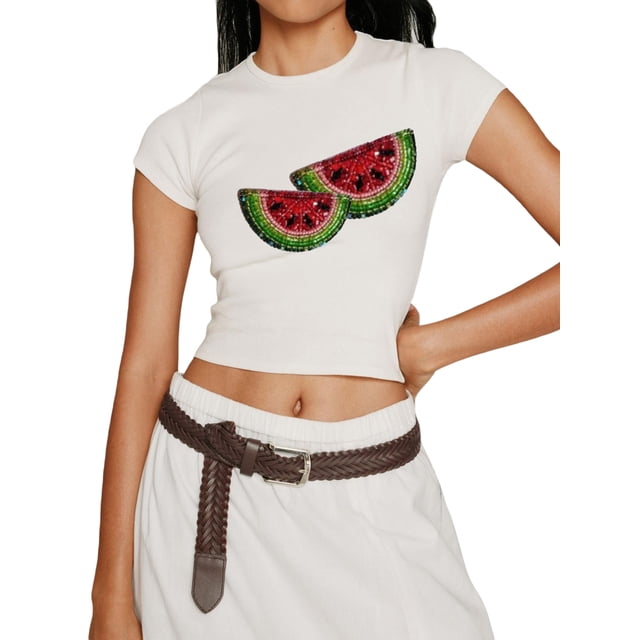 Gupgi Hauts Courts pour Femmes Manches Courtes Col Rond Imprimé Fruits T-Shirts Bébé Adolescentes T-Shirts Été Tendance Ajustés