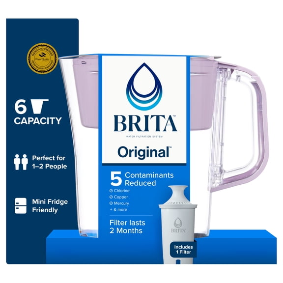 Brita 6 Cup Small Plastic Water Filter Pitcher, Misty Lilac, BPA Free with 1 Brita Standard Filter