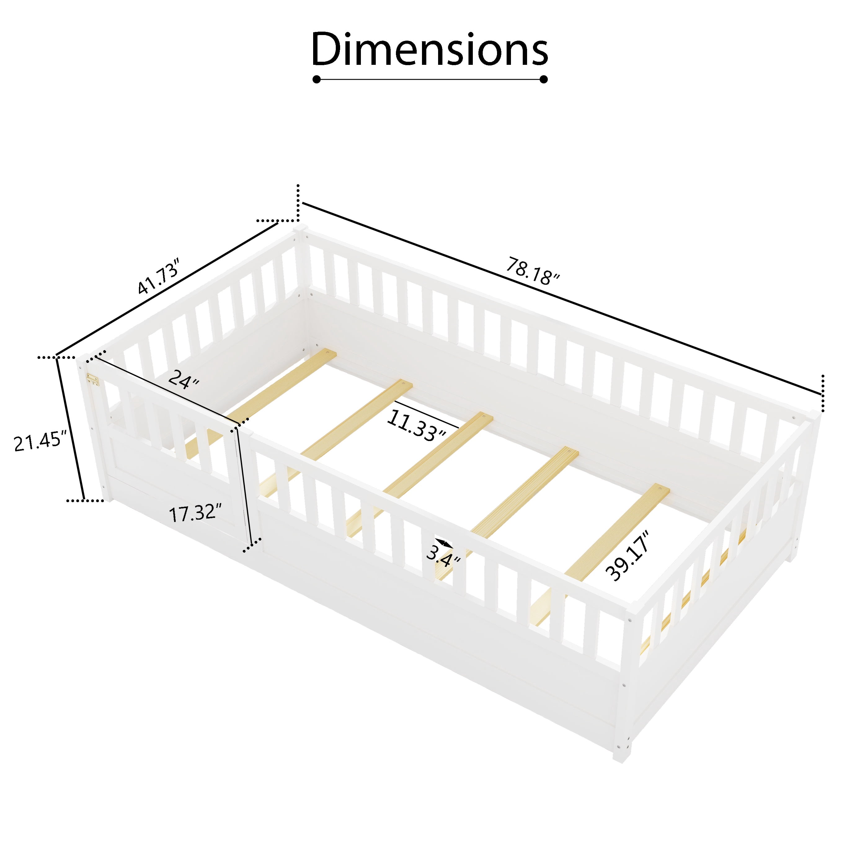PORKISS Twin Floor Bed, Wooden Kids Bed Frame with High Rails and Slats, Low Toddler Bed with Built-in Door, No Box Spring Needed, Montessori Bed Frame for Children, White